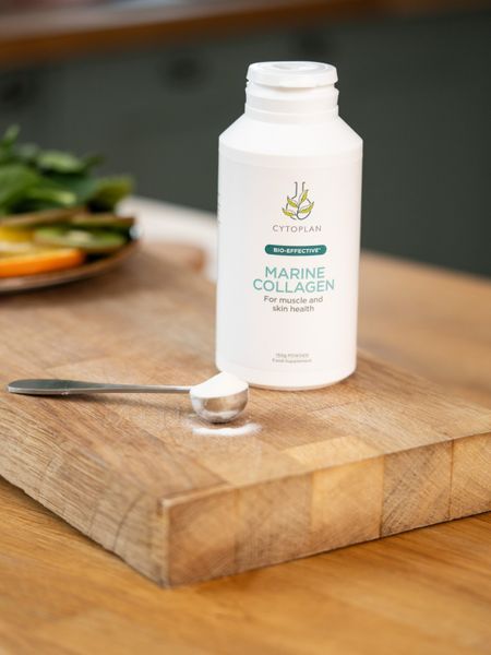 Marine Collagen product on a chopping board