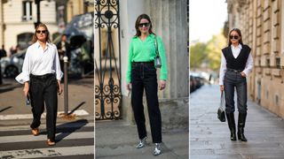 A composite of street style influencers showing jeans be business casual black jeans