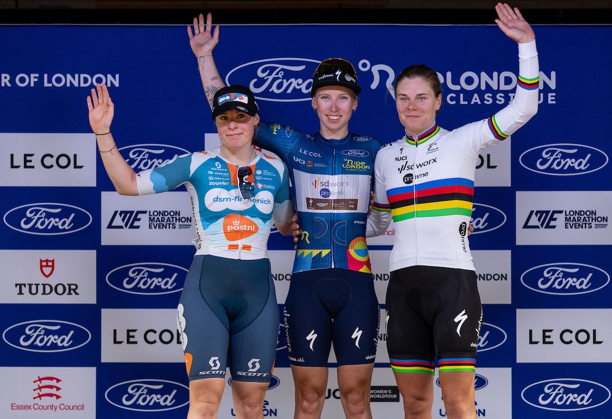 Lorena Wiebes (NED) of Team SD Worx Protime (NED) (centre) celebrates on the podium after winning all three stages of the Ford RideLondon Classique alongside second placed Charlotte Kool (NED) of Team dsm&acirc;firmenich PostNL (NED) and third placed Lotte Kopecky (BEL) of Team SD Worx Protime (NED) following Stage Three of the Ford RideLondon Classique on Sunday 26th May 2024.
Photo: Kieran Cleeves for London Marathon Events
For further information: media@londonmarathonevents.co.uk