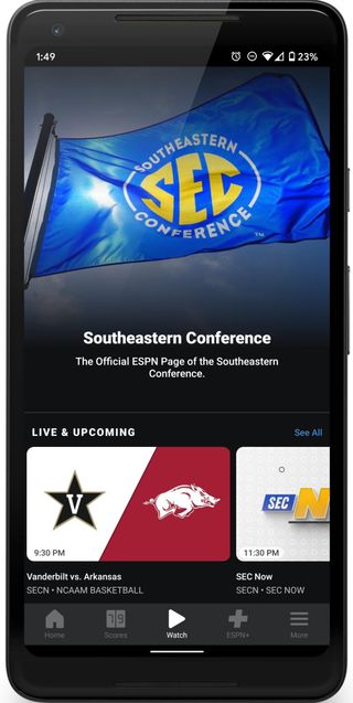 ESPN SEC Basketball page in the ESPN App on a Pixel 2 XL
