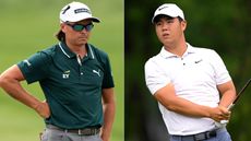 Rickie Fowler and Tom Kim wait to hit their golf shots