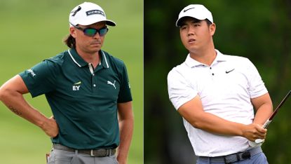 Rickie Fowler and Tom Kim wait to hit their golf shots