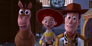 Bullseye, Jessie and Woody with looks of surprise on their faces