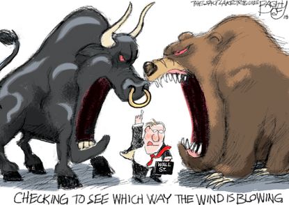 Political cartoon U.S. wall street bear bull market