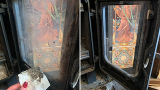 close up image showing how to clean log burner glass using ash before and after