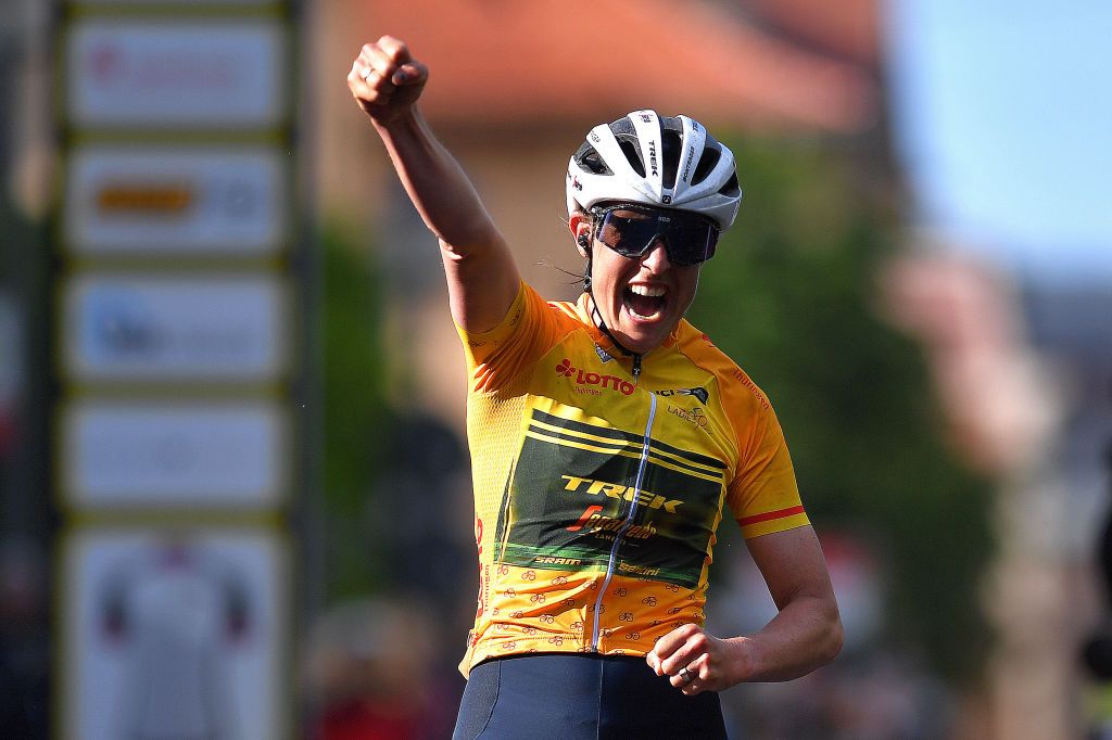 WEIMAR GERMANY MAY 29 Lucinda Brand of Netherlands and Trek Segafredo yellow leader jersey stage winner celebrates at arrival during the 34th Internationale LOTTO Thringen Ladies Tour 2021 Stage 5 a 1433km stage from Weimar to Weimar ltlt2021 lottothueringenladiestour womencycling on May 29 2021 in Weimar Germany Photo by Luc ClaessenGetty Images