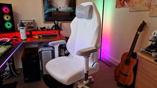 Secretlab Titan Evo NanoGen Edition in pure white parked at a desk