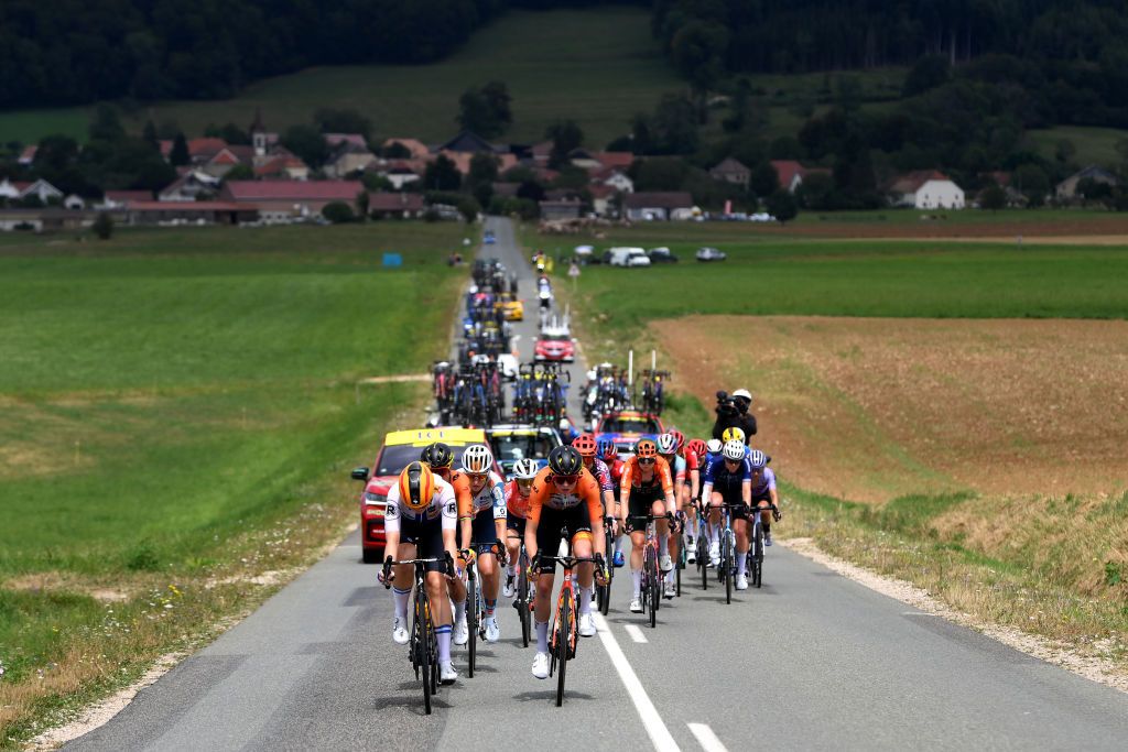 MORTEAU FRANCE AUGUST 16 LR Anniina Ahtosalo of Filand and Team UnoX Mobility Franziska Koch of Germany and Team dsmfirmenich PostNL and Fem Van Empel of The Netherlands and Team Visma Lease a Bike lead the peloton during the 3rd Tour de France Femmes 2024 Stage 6 a 1592km stage from Remiremont to Morteau UCIWWT on August 16 2024 in Morteau France Photo by Alex BroadwayGetty Images