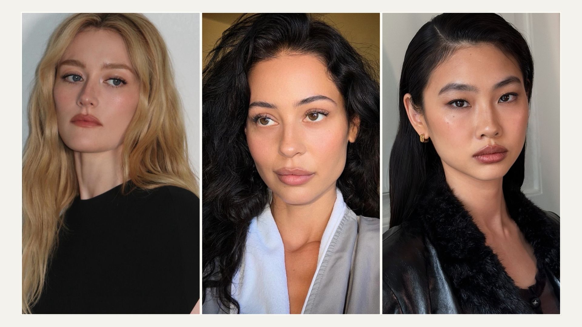 A collage of Sarah Pidgeon, Alexa Demie and Jung Ho-yeon with glowing skin