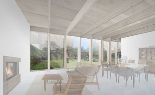 A virtual display of a living space with a lounge and dining area and a view of the garden