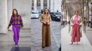 A composite of street style influencers showing winter outfit ideas pants and knitwear
