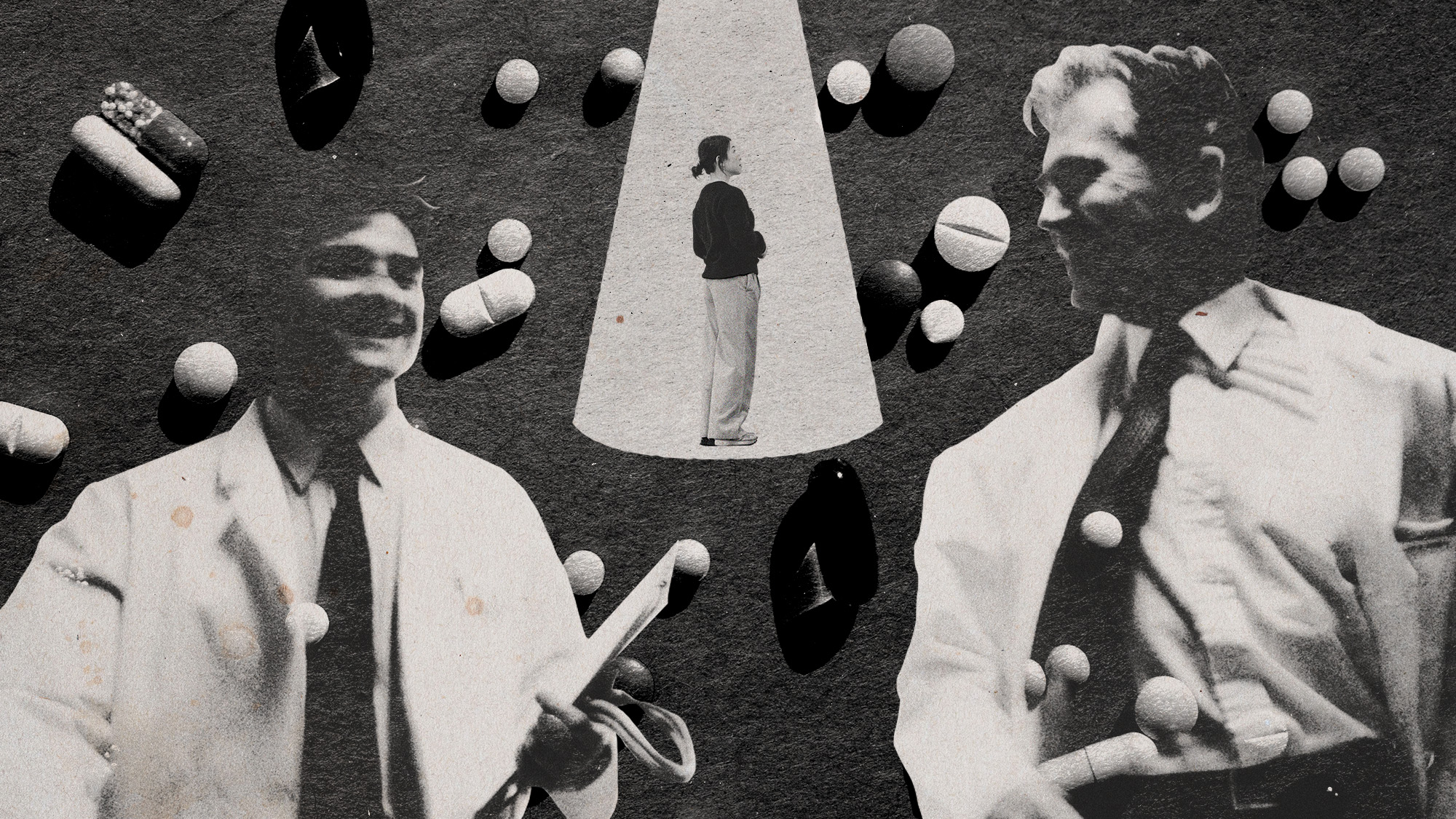 Photo collage of a tiny woman caught in a spotlight, between two carefree-looking doctors. There are random pills all over the background.