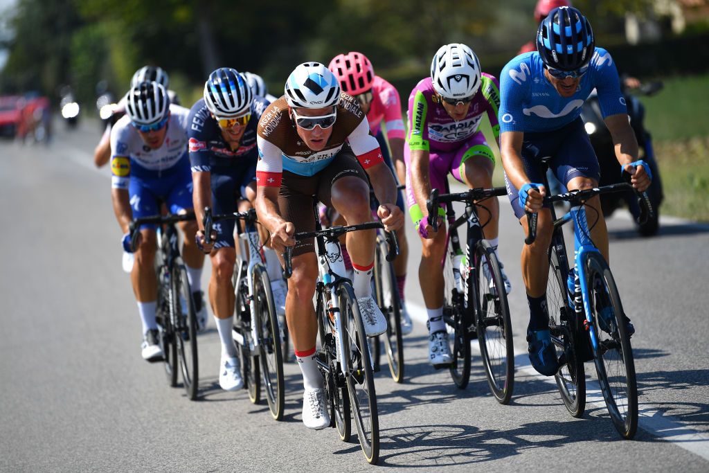 LORETO ITALY SEPTEMBER 13 Silvan Dillier of Switzerland and Team AG2R La Mondiale Sergio Samitier of Spain and Movistar Team Breakaway during the 55th TirrenoAdriatico 2020 Stage 7 a 181km stage from Pieve Torina to Loreto 114m TirrenAdriatico on September 13 2020 in Loreto Italy Photo by Justin SetterfieldGetty Images