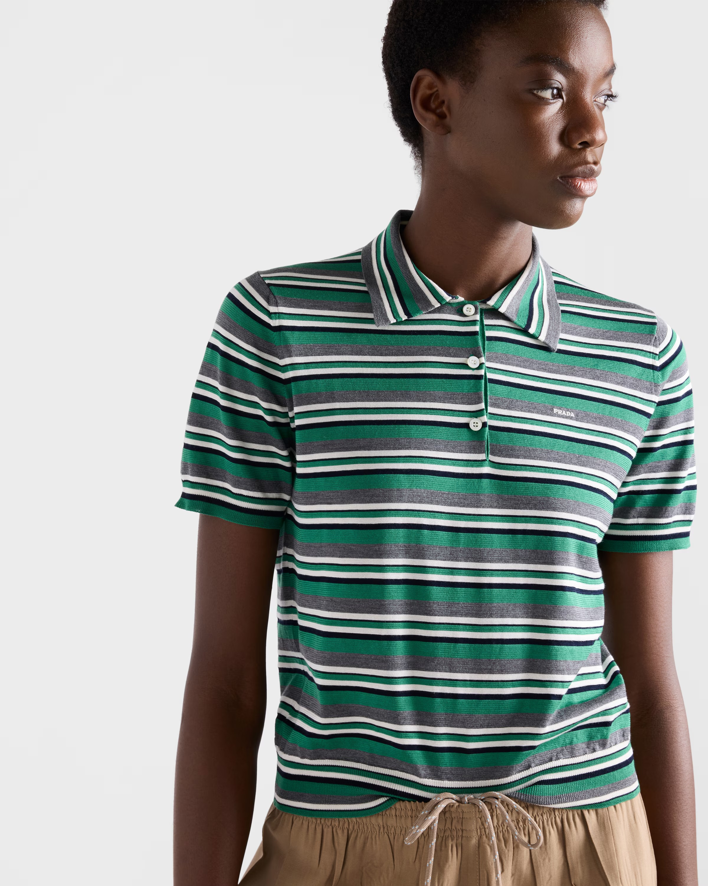 prada, Short-Sleeved Striped Cotton Polo Shirt