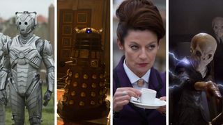 Four Doctor Who villains, shown left to right: Cyberman, Dalek, Missy (The Master), and the Silence.