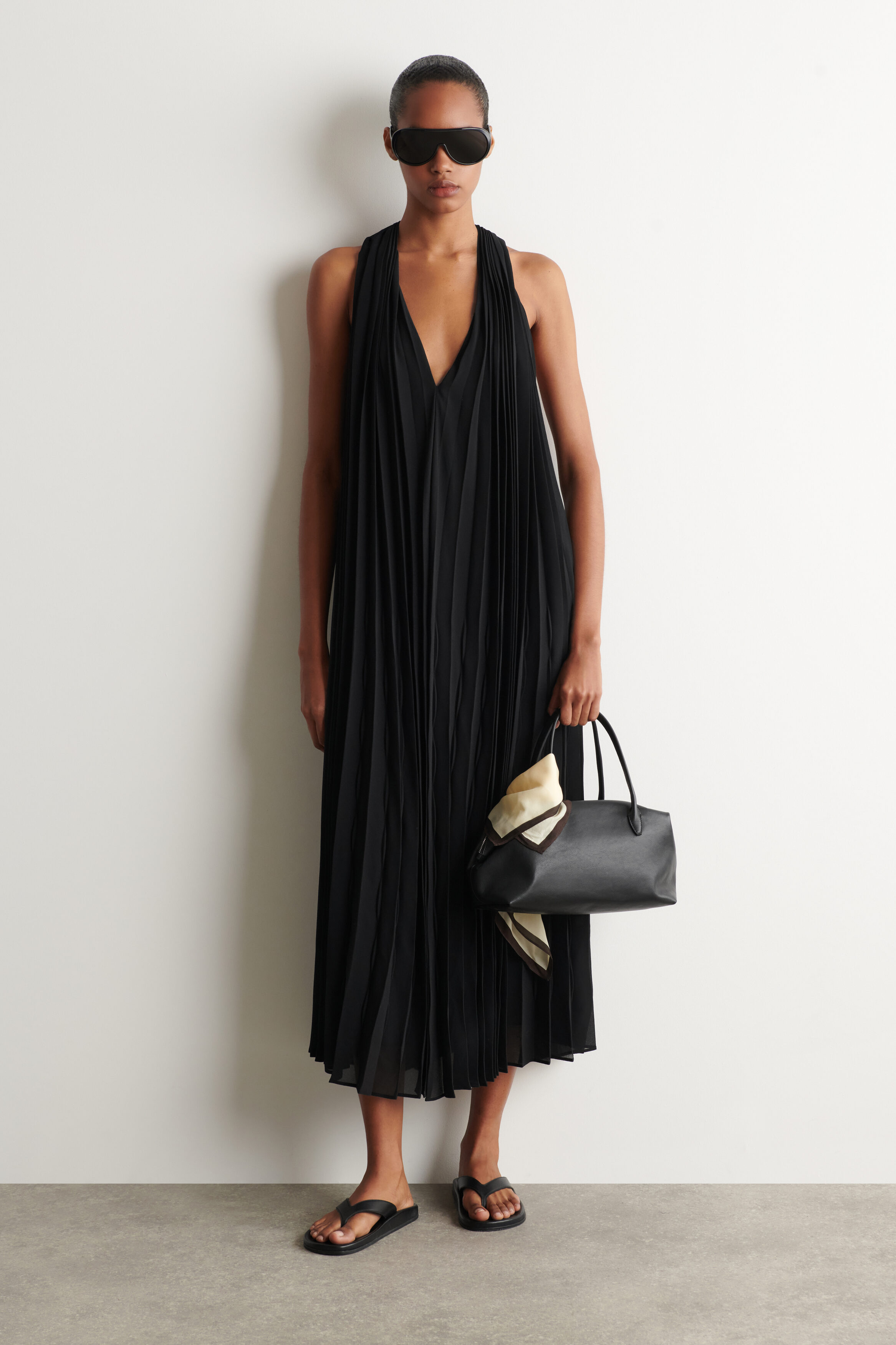 Tie-Detail Pleated Georgette Maxi Dress