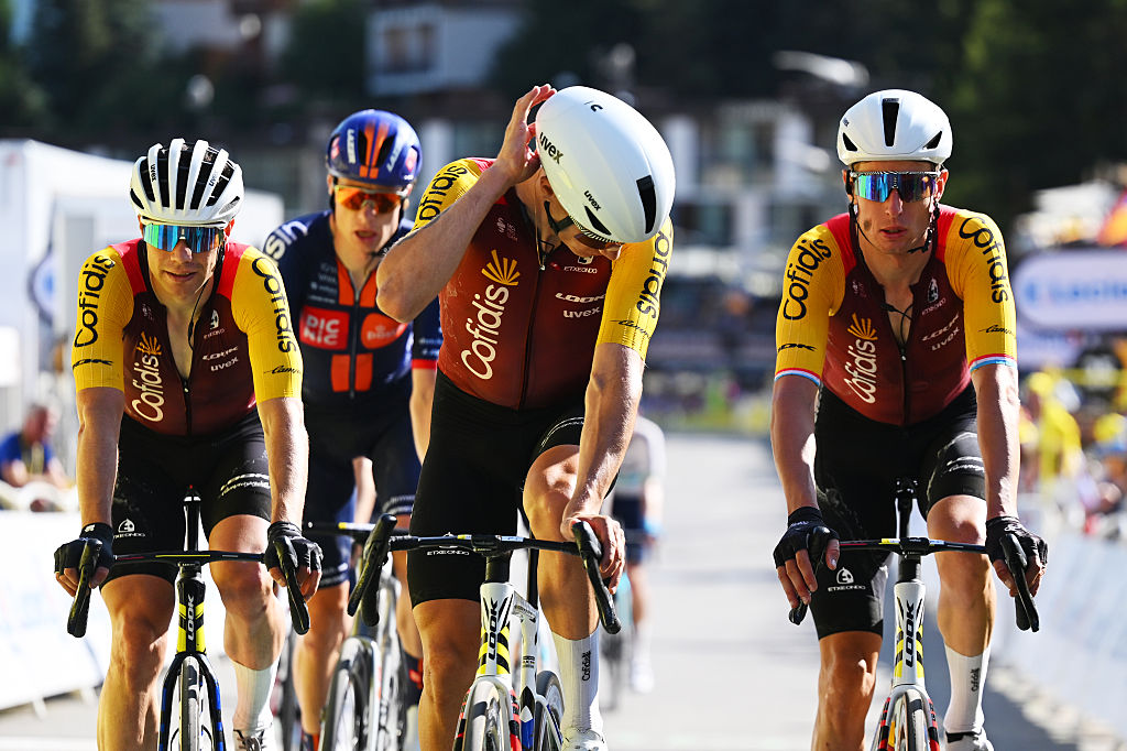 ORCIERES, FRANCE - JULY 23: (L-R) Milan Fretin of Belgium and Alex Kirsch of Luxembourg and Team Cofidis cross the finish line during the 113th Tour de France 2026, Stage 18 a 185.2km stage from Voiron to Orcieres-Merlette 1825m / #UCIWT / on July 23, 2026 in Orcieres, France. (Photo by Tim de Waele/Getty Images)
