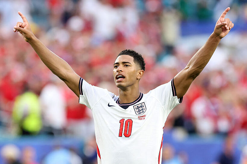  Jude Bellingham of England celebrates after winning the FIFA World Cup 2026 Quarter Final match between Norway and England at Miami Stadium on July 11, 2026 in Miami Gardens, Florida. 