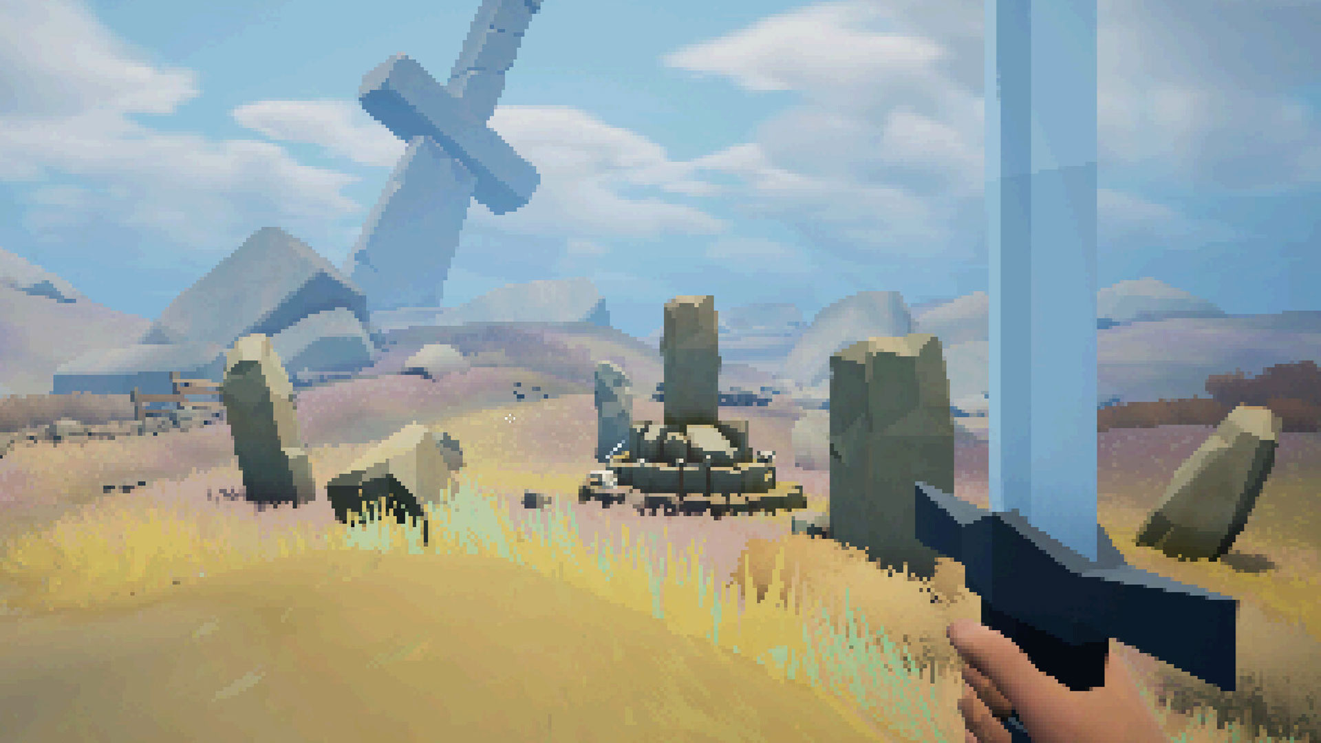 Holding a sword as you move across a landscape dominated by a giant stone sword in A Short Quest