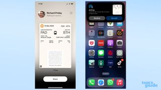 Screenshots showing the AirDrop confirmation for sharing tickets on two iPhones running iOS 17.2