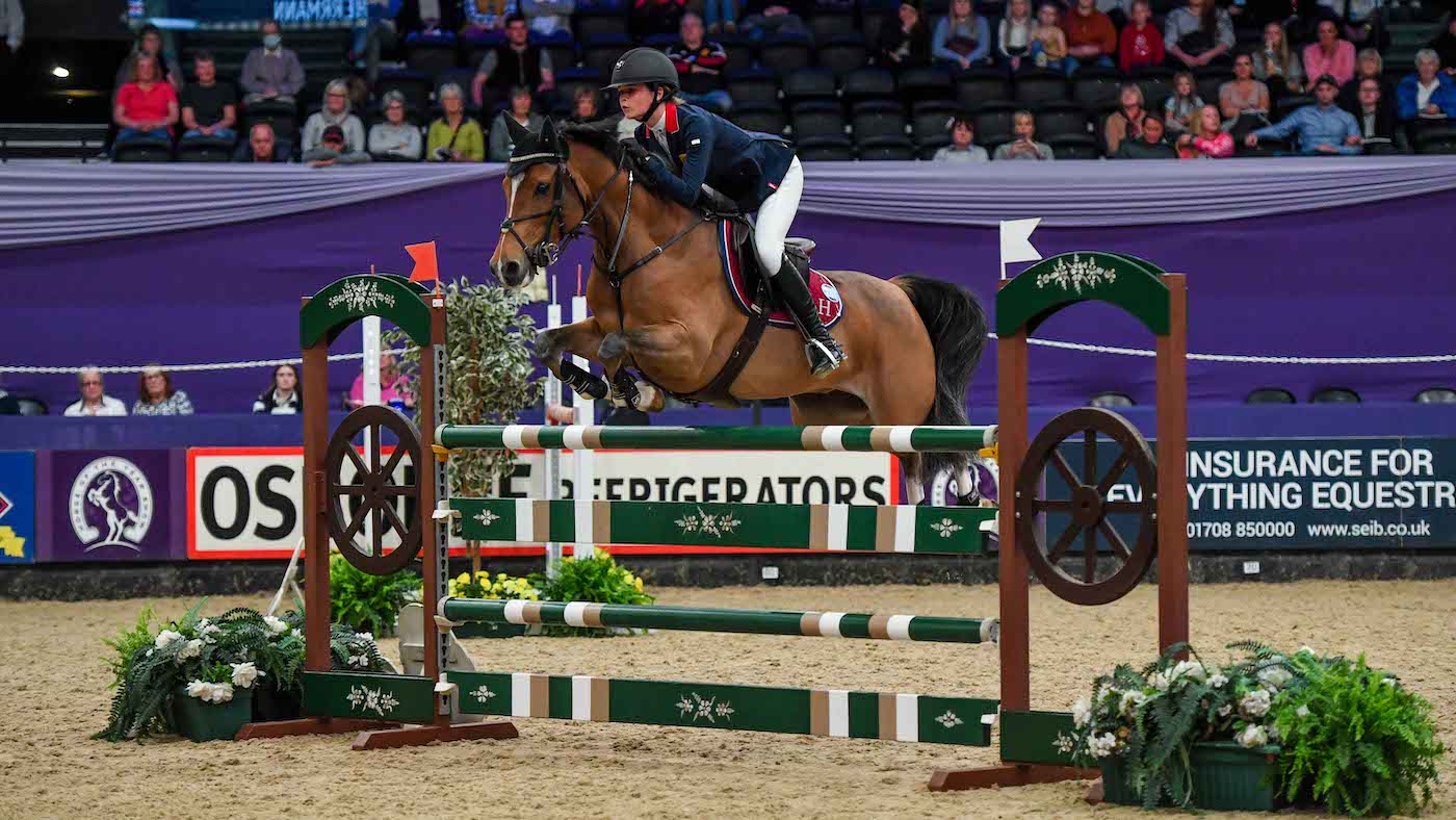 Elissa Herrmann riding LAPISLAZULI, winner of the Sorbeo Leading Pony Showjumper HOYS