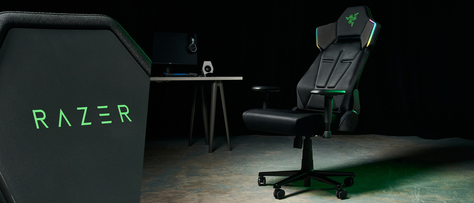 A split image showing the Razer logo on the left and the Razer Soma Chroma on the right
