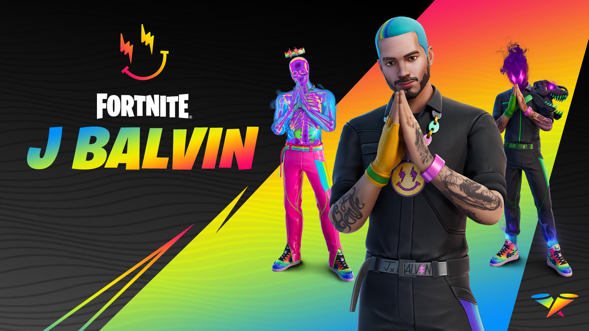 Three versions of the J Balvin Fortnite skin - one is realistic, one is a skeleton and another is more spectral with a dinosaur skull shoulder pad
