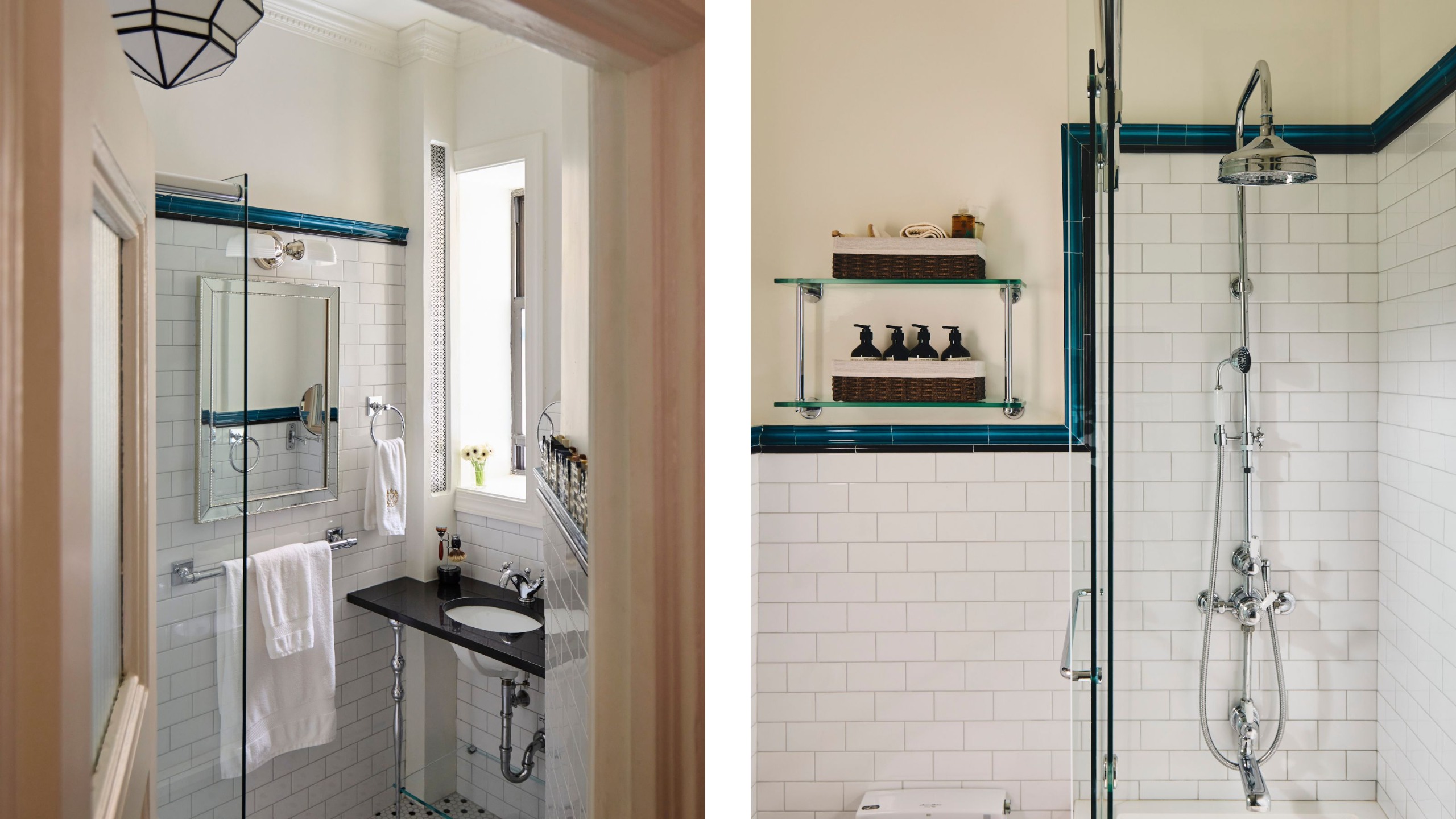 Side-by-side view of a narrow bathroom with white subway tile and teal accents, featuring a small vanity sink and a glass-enclosed rain shower with chrome fixtures.