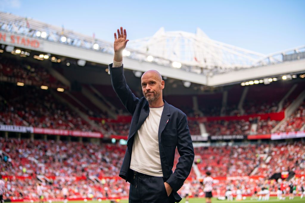 Manchester United Head Coach / Manager Erik ten Hag waves to the crowd prior to the pre-season friendly match between Manchester United and Rayo Vallecano at Old Trafford on July 31, 2022 in Manchester, England.