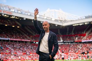 Manchester United Head Coach / Manager Erik ten Hag waves to the crowd prior to the pre-season friendly match between Manchester United and Rayo Vallecano at Old Trafford on July 31, 2022 in Manchester, England.