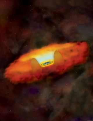 An artist's illustration shows the cloud of gas and dust rapidly rotating around a black hole before eventually being consumed.