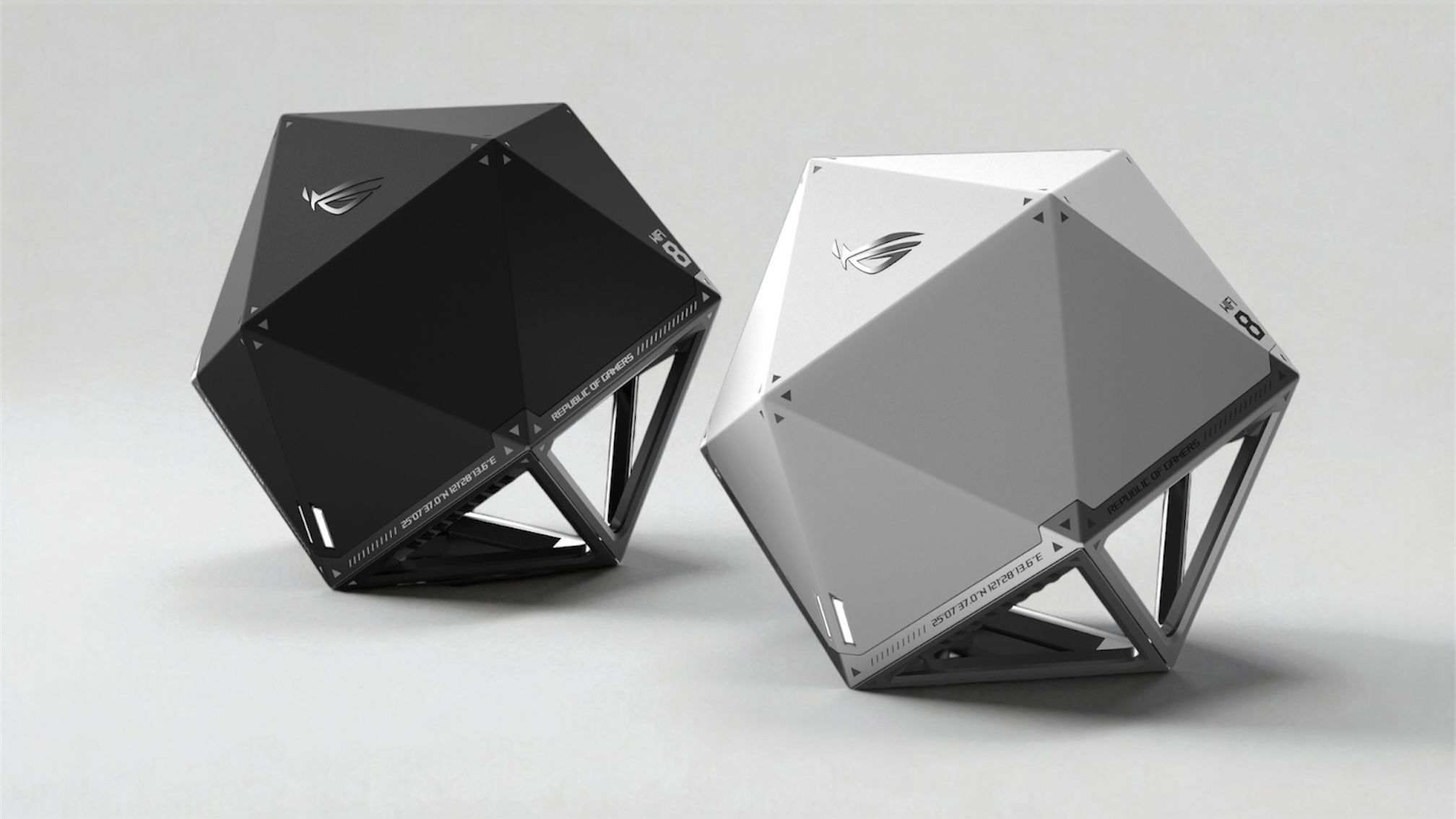 The Asus ROG NeoCore Wi-Fi 8 concept router in black and white