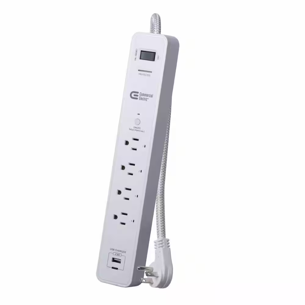 Commercial Electric , 3 ft. 4-Outlet White Surge Protector Smart with USB Powered by Hubspace