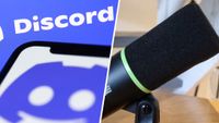 A Discord logo on a phone next to a Shure MV6 USB condensor mic on a desk.