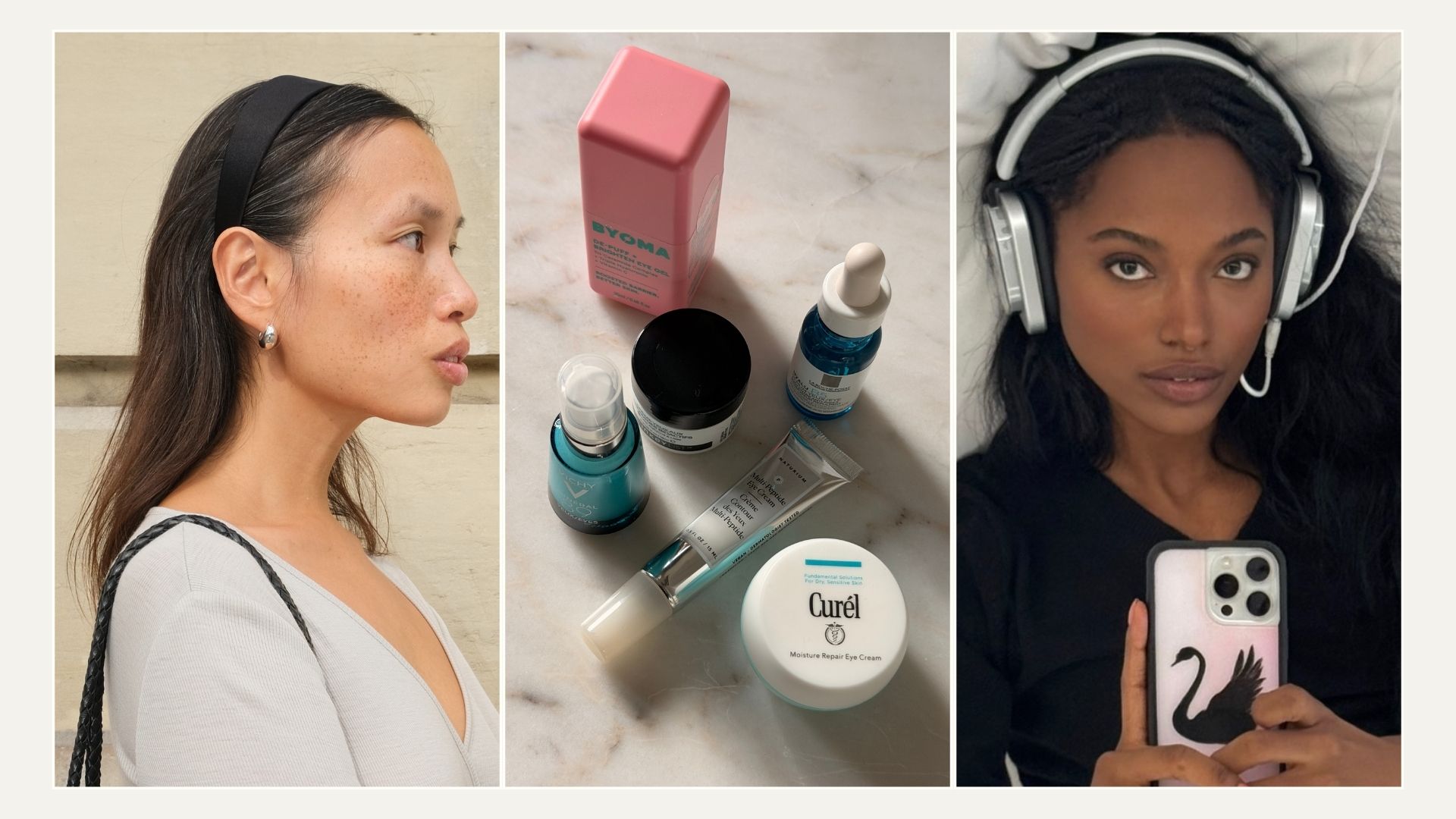 a collage with @vikilfevre and @fridacashflow, alongside the best affordable eye creams