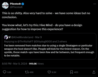 A quote tweet that reads: "This is so shitty. Also very hard to solve - we have some ideas but no conclusion. You know what, let's try this: Hive Mind - do you have a design suggestion for how to improve this experience?"