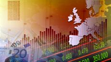 Map of Europe and euros superimposed on stock market indicators.