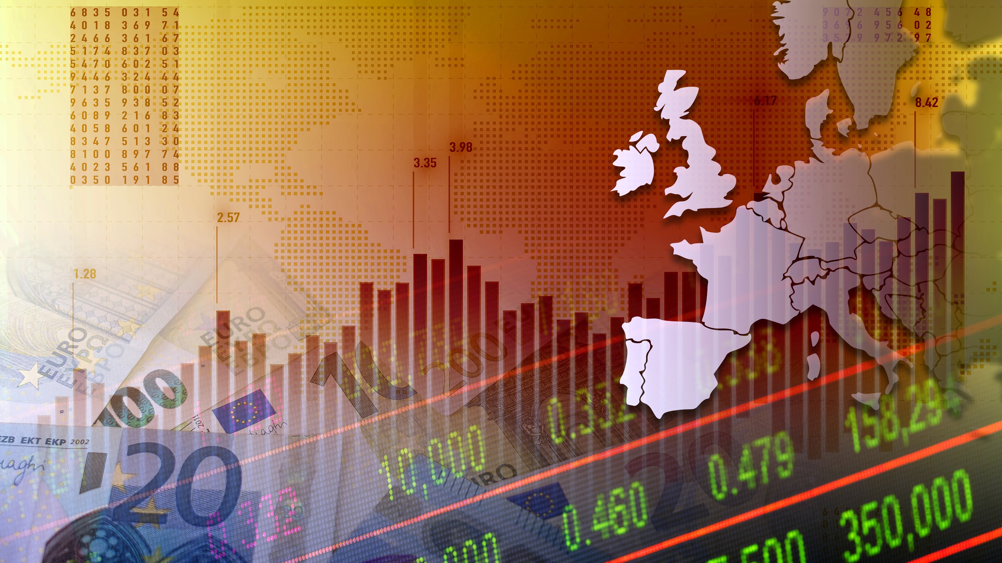 Map of Europe and euros superimposed on stock market indicators.