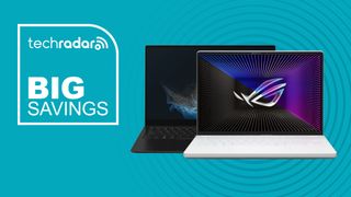 Asus Zephyrus G14 and Samsung Galaxy Book2 Pro on blue background with big savings text overlay