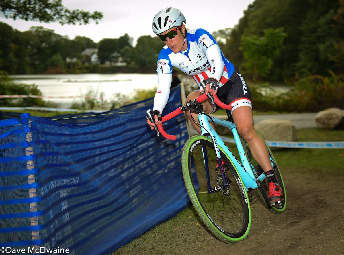 Katie Compton (Trek Factory Racing) riding about eight seconds behind Nash on the final lap