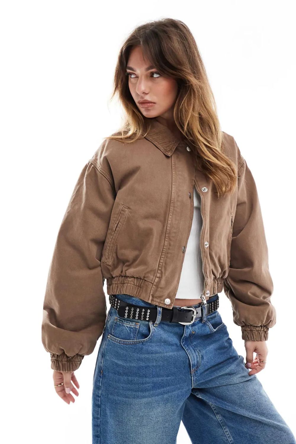 ASOS DESIGN, Asos Design Denim Bomber Jacket With Cord Collar in Brown
