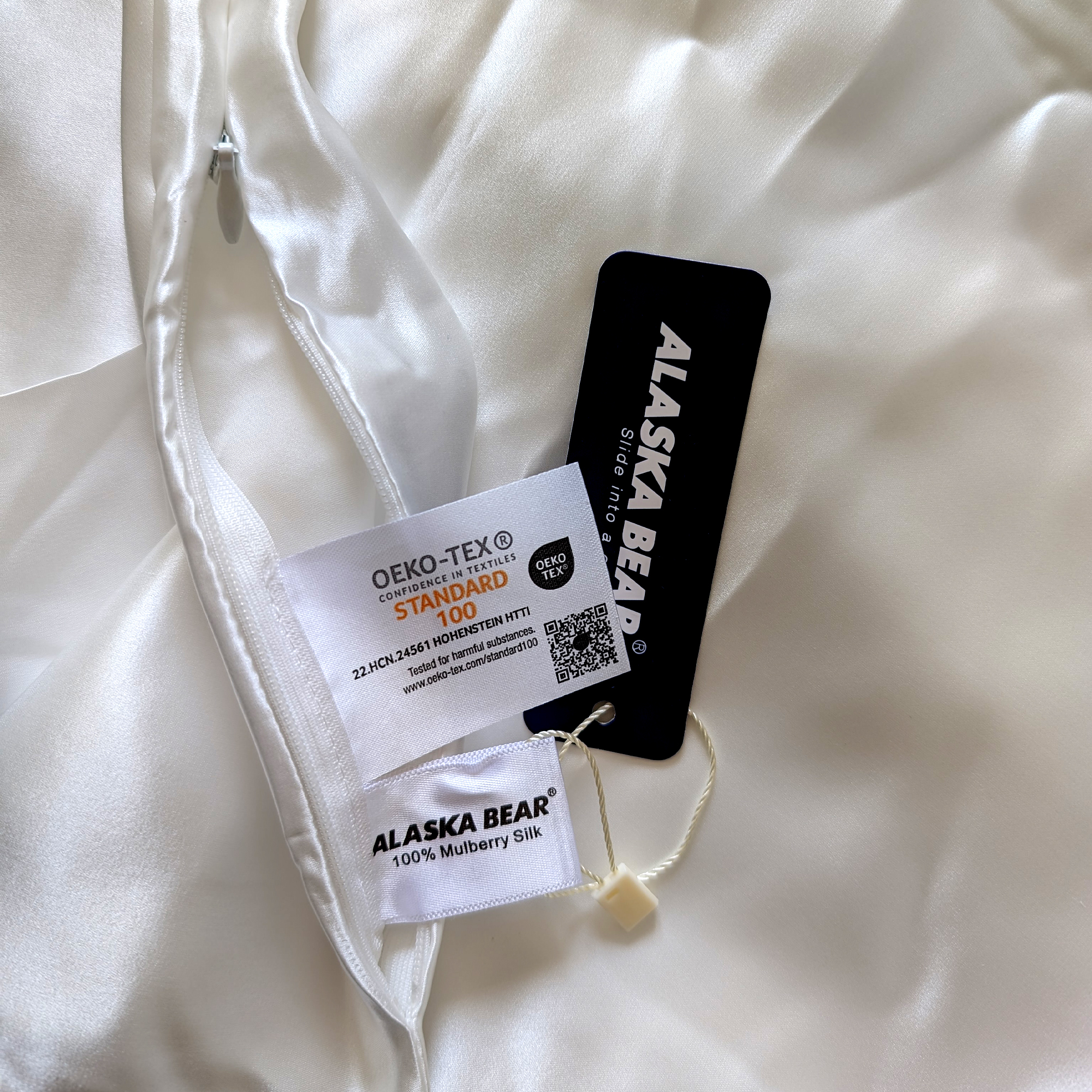 The care labels on the Alaska Bear silk pillowcase