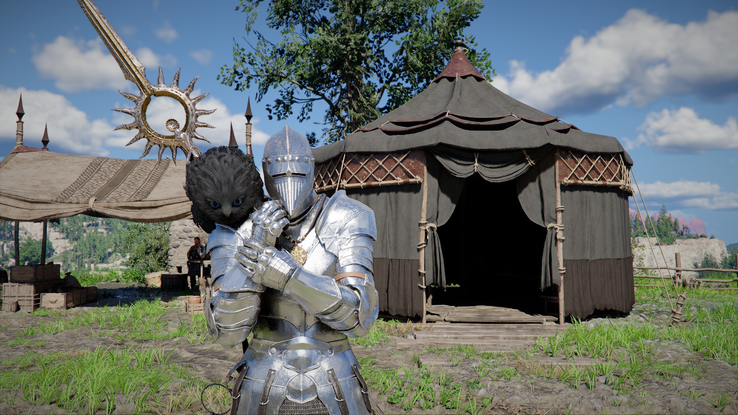 A black furry cat perches atop Kliff's shoulder.