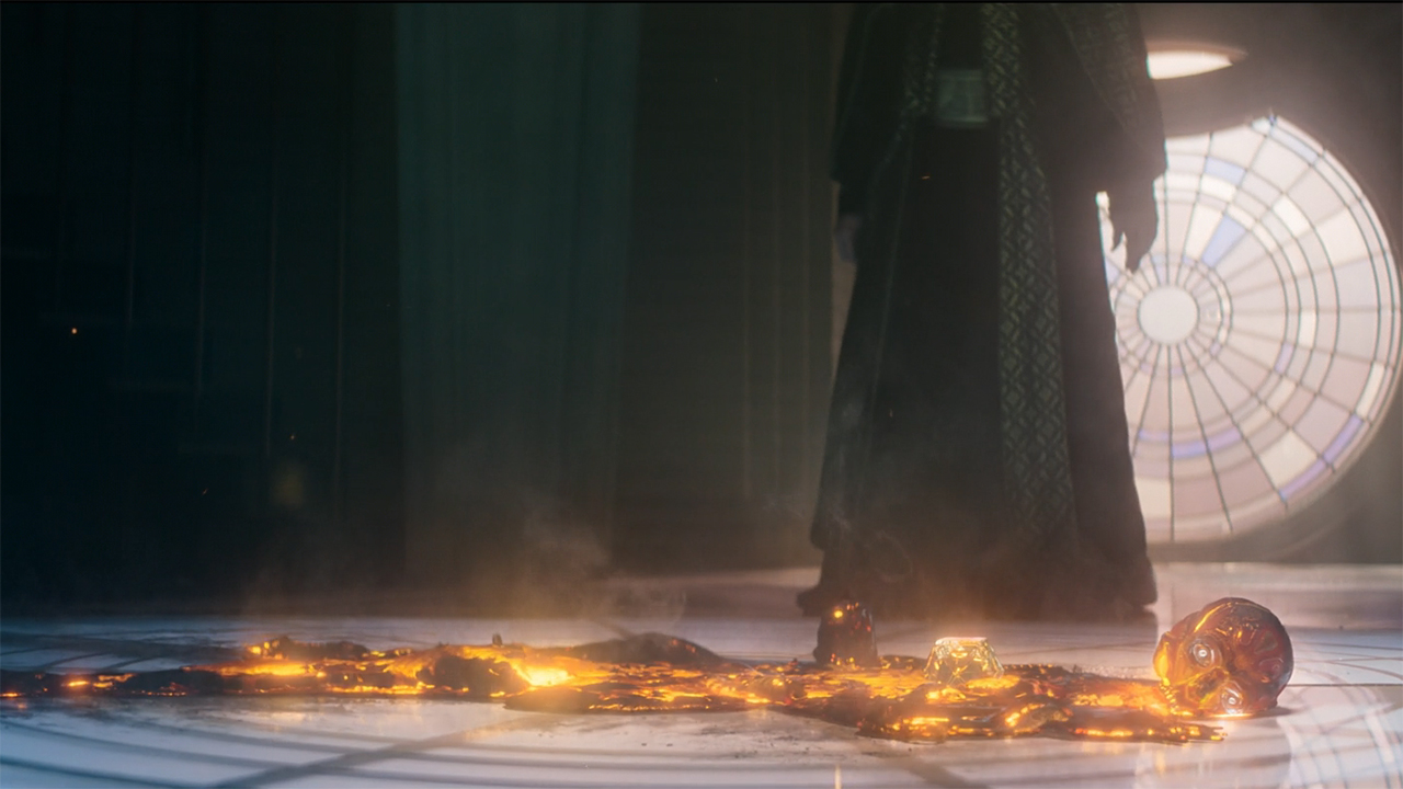 Demerzel&#039;s skull and molten body lying at Brother Darkness&#039; feet in Foundation season 3 episode 10