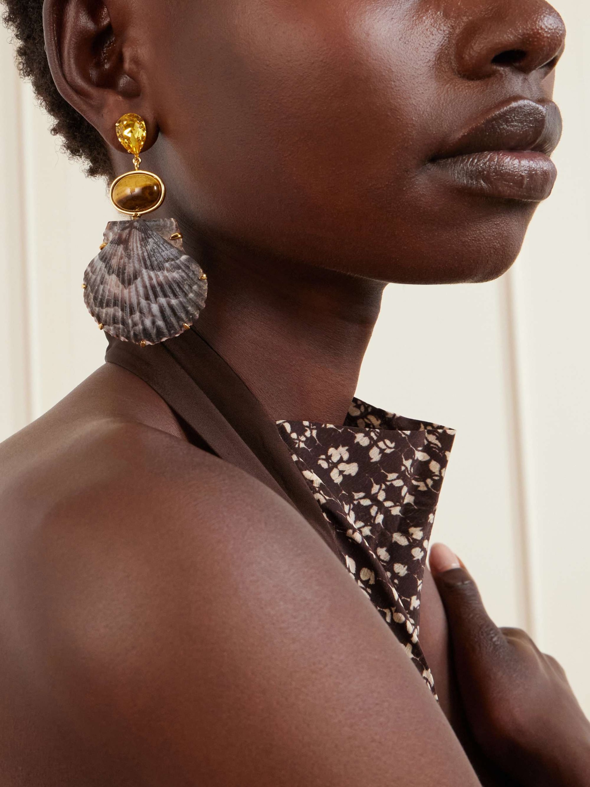 Augustine Gold-Tone Crystal and Tiger Eye-Embellished Seashell Earrings