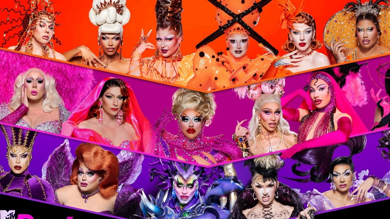 Eighteen queens in full drag returning for All Stars Drag Race Season 10, the color of their costumes matching the color of the bracket they&#039;re competing in: an orange top segment, a pink middle segment, and a purple segment at the bottom.