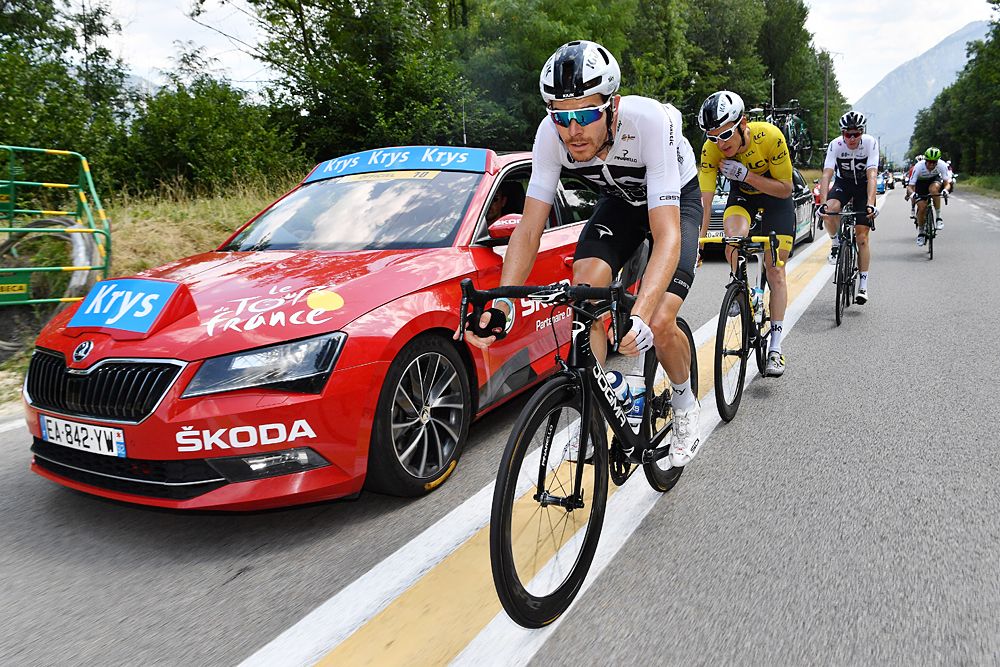 Team Sky ushering their yellow jersey Geraint Thomas during stage 13 at the Tour de France