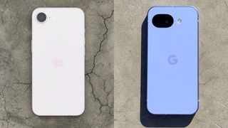 The iPhone 17e and Google Pixel 10a on a stone table