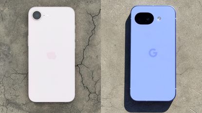 The iPhone 17e and Google Pixel 10a on a stone table