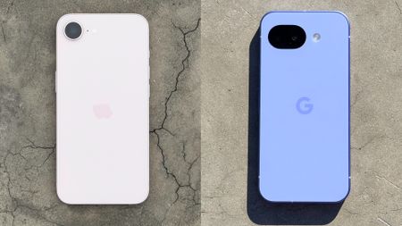The iPhone 17e and Google Pixel 10a on a stone table